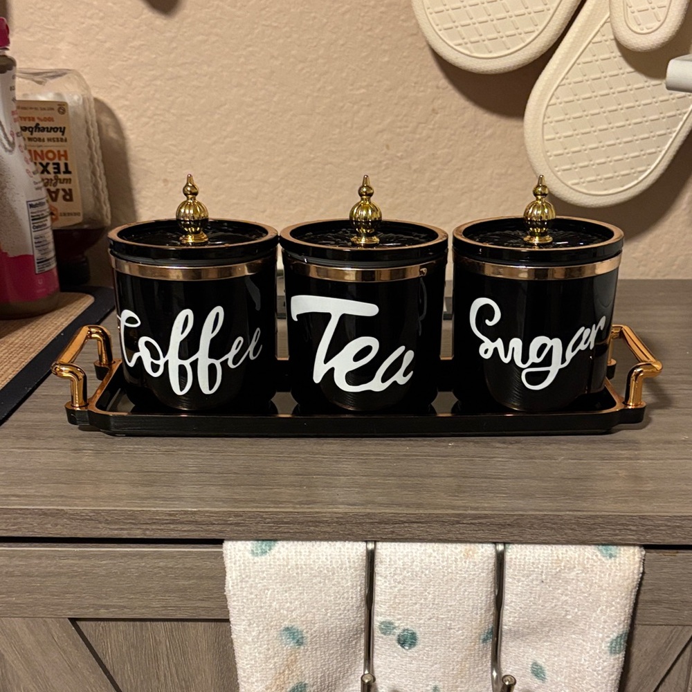 Luxury Looking Black and Gold Coffee, Tea, and Sugar Canister Set with tray